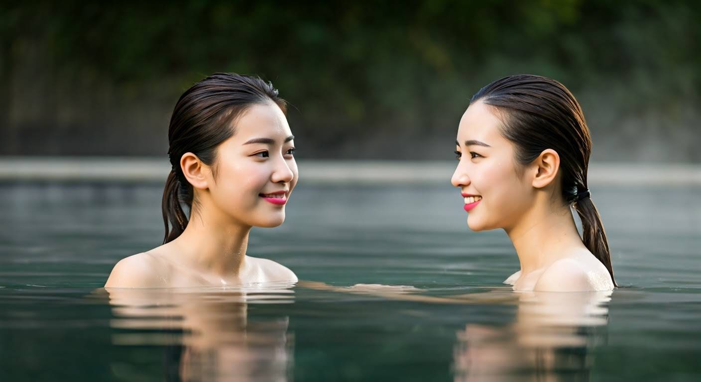 Two Asian women soaking in a natural hot pool